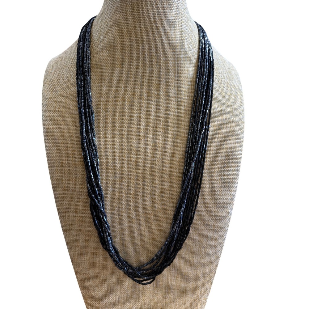 Multi Strand Seed Bead Statement Necklace Jet Black Gunmetal Silver Tone Layered